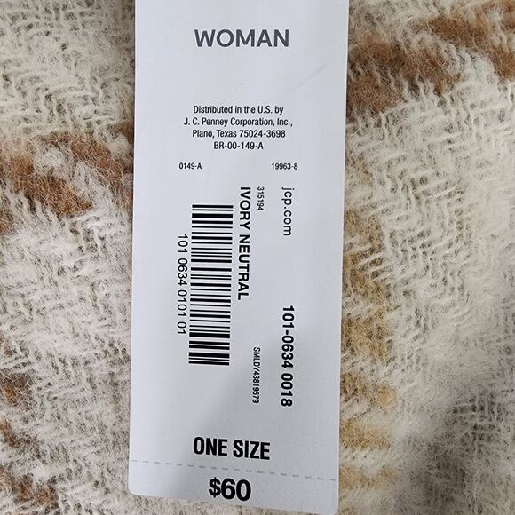 Liz Claiborne Belted Poncho Wrap Womens One Size OS Fringe Plaid Neutral Ivory - Picture 11 of 12